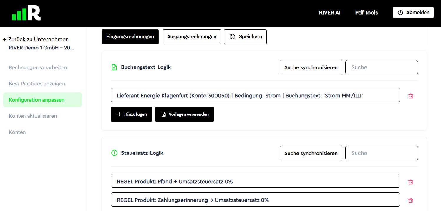 RIVER AI Oberfläche zur Konfiguration individueller Buchungsregeln